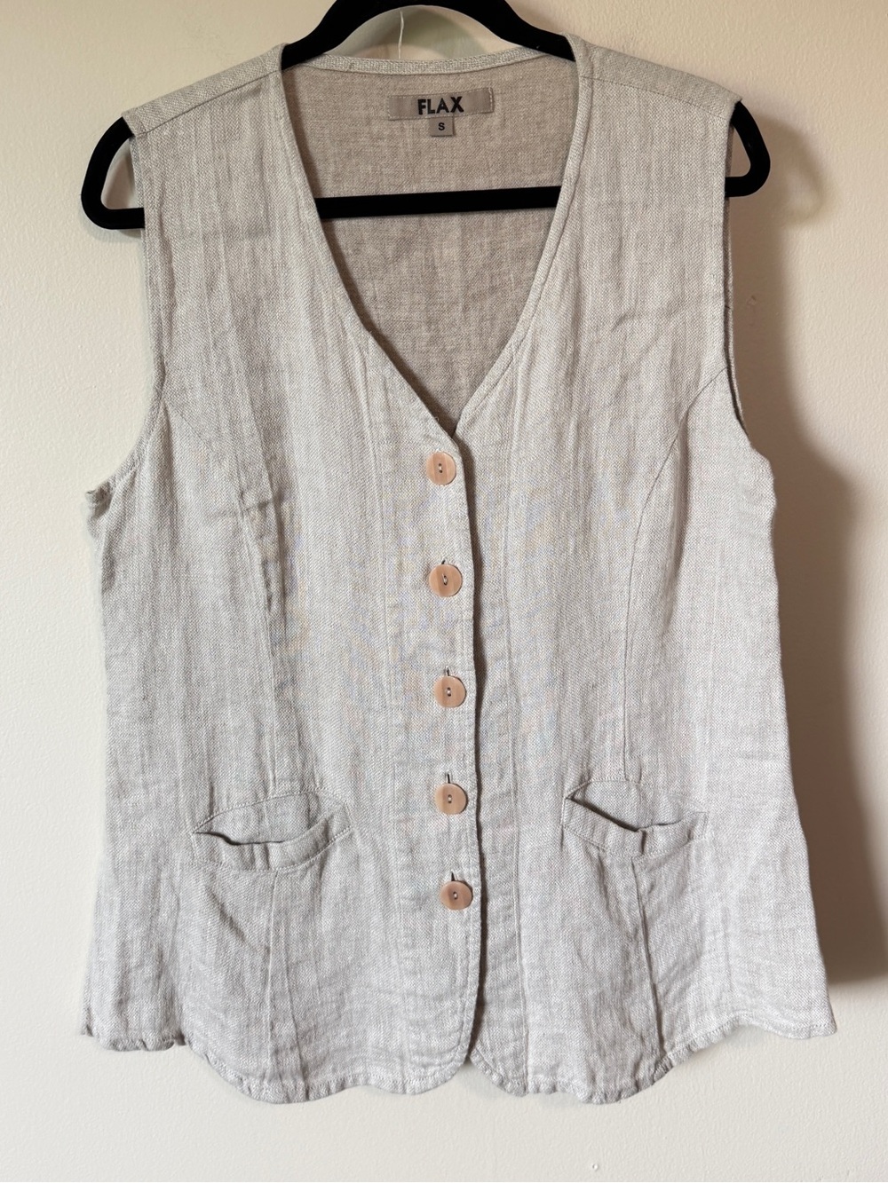 Flax 100% linen lagenlook neutral beige button front vest button up tank top S/M